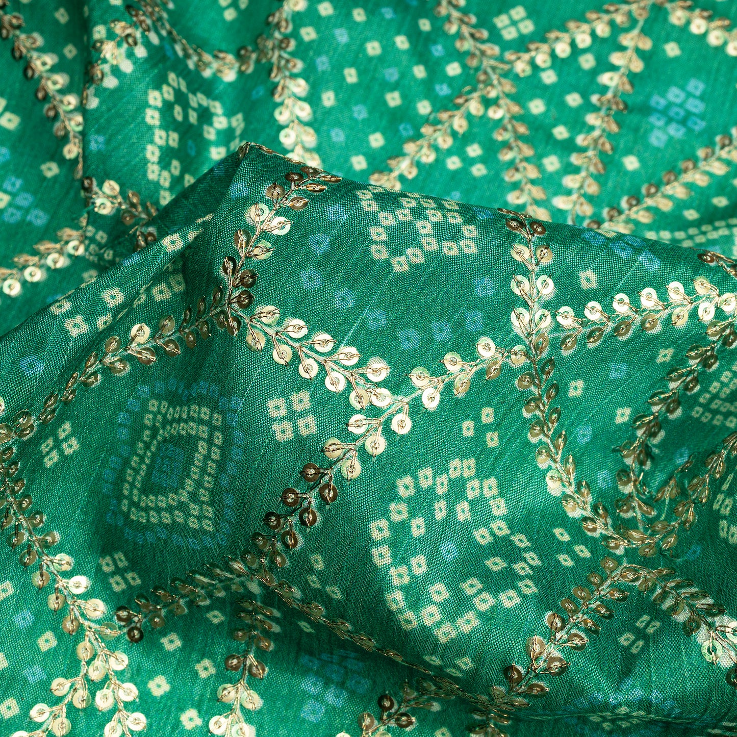 Trendy Bandhani Position Print On Sequins Embroidery Chinnon Chiffon Fabric