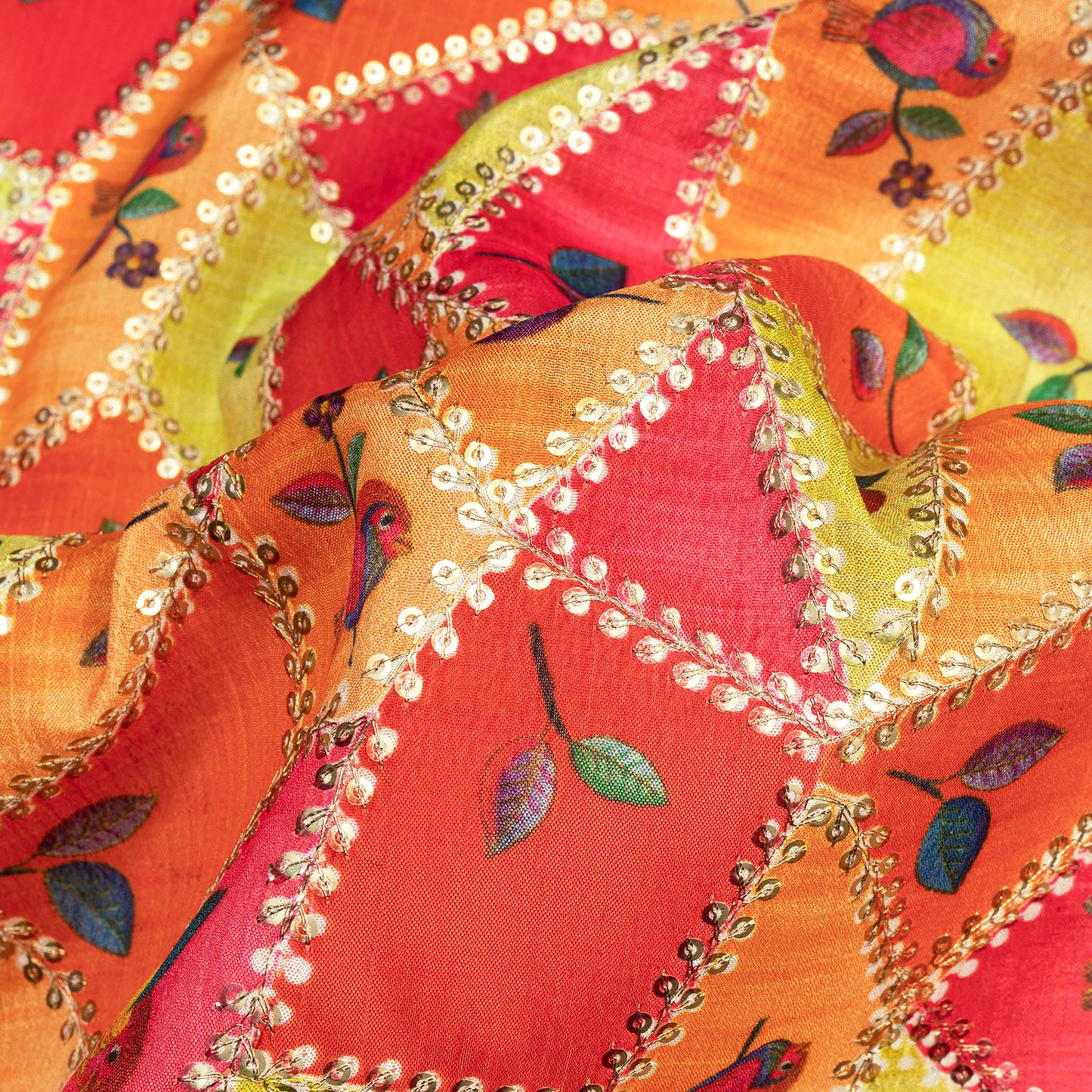 Beautiful Bird And Leaf Position Print On Sequins Embroidery Chinnon Chiffon Fabric
