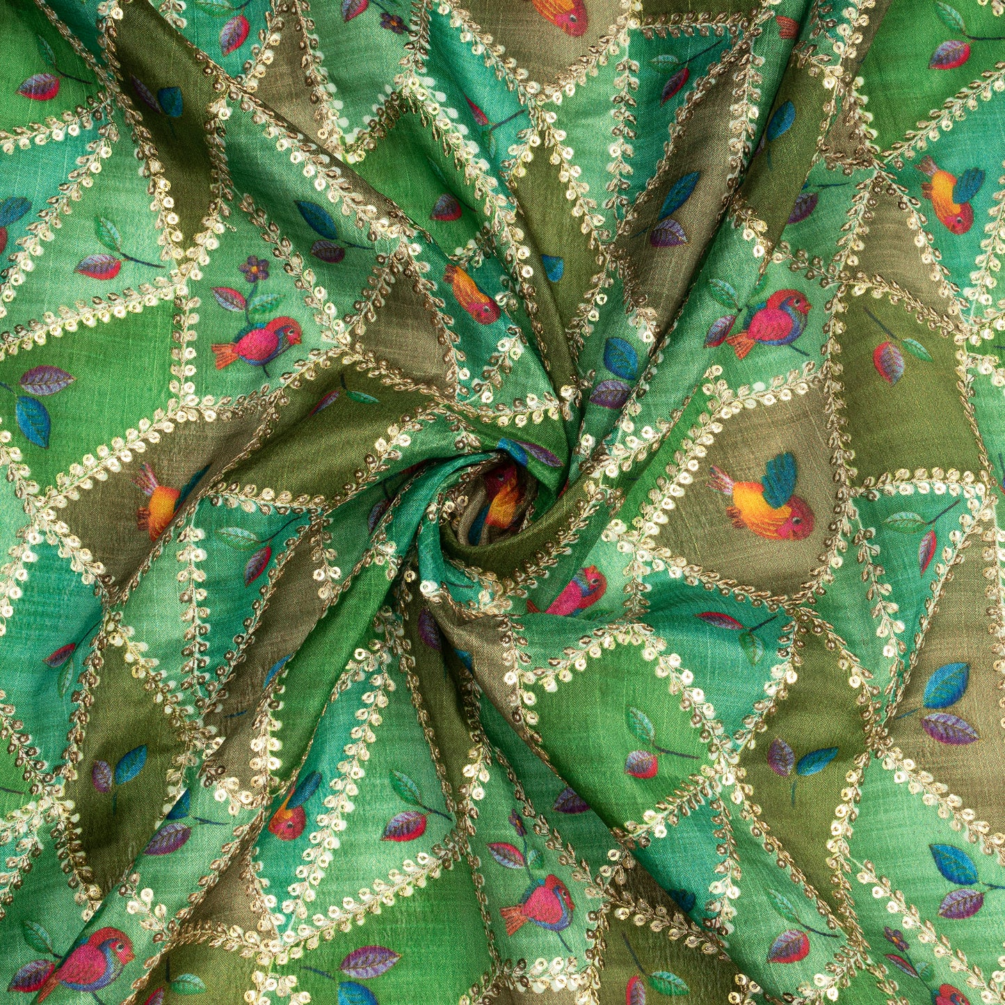 Beautiful Bird And Leaf Position Print On Sequins Embroidery Chinnon Chiffon Fabric