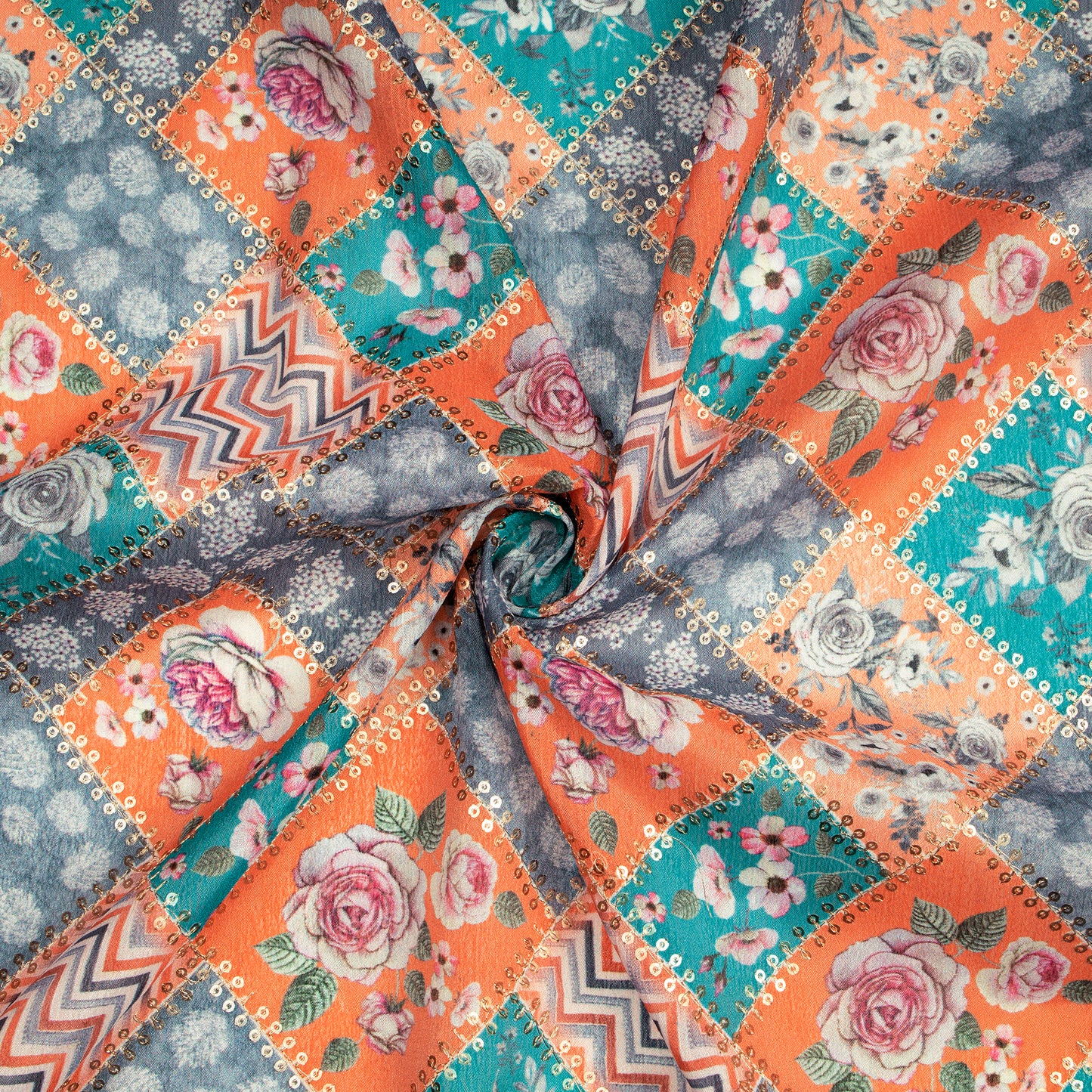 Exclusive Chevron And Floral Position Print On Sequins Embroidery Chinnon Chiffon Fabric
