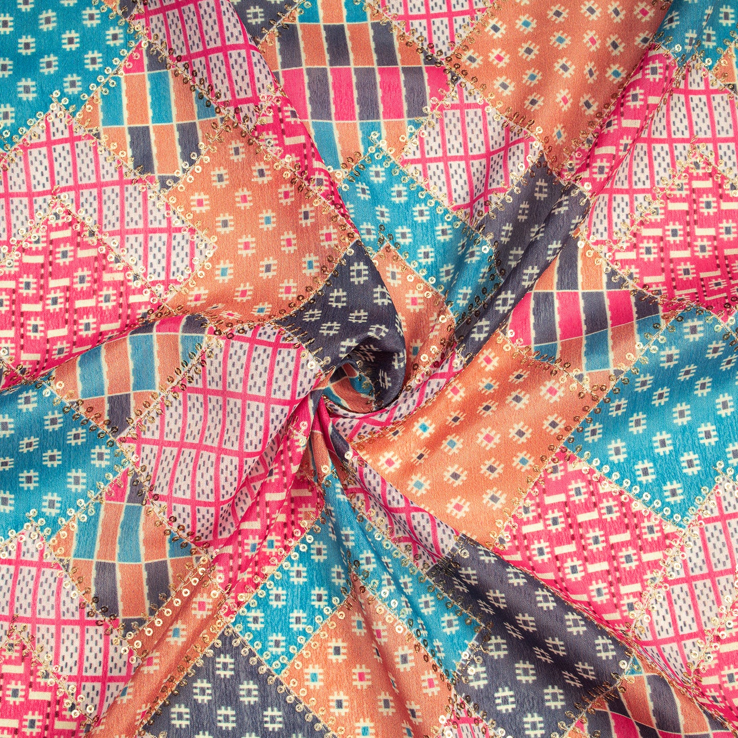 Tempting Geometric Position Print On Sequins Embroidery Chinnon Chiffon Fabric