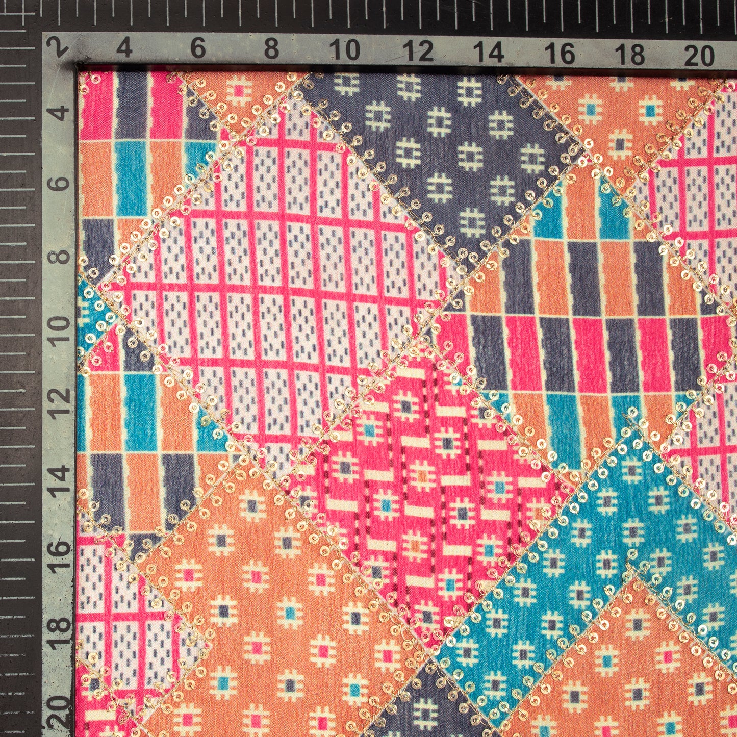 Tempting Geometric Position Print On Sequins Embroidery Chinnon Chiffon Fabric