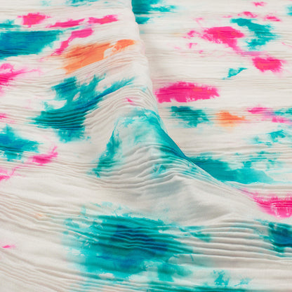 Oat Beige And Hot Pink Tye And Dye Pattern Digital Print BSY Crepe Pleated Fabric