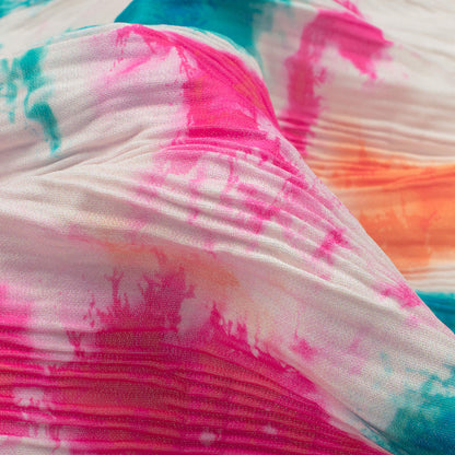 Oat Beige And Hot Pink Tye And Dye Pattern Digital Print BSY Crepe Pleated Fabric
