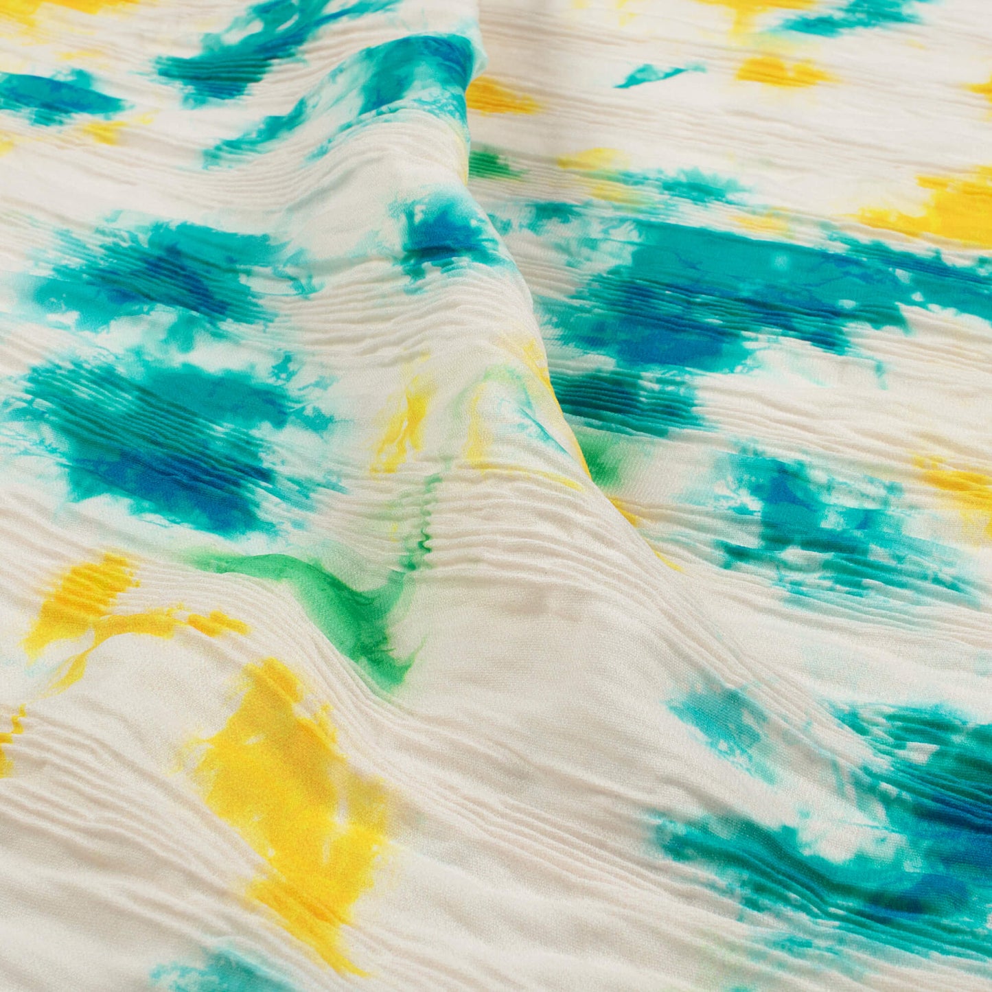 Oat Beige And Yellow Tie & Dye Pattern Digital Print BSY Crepe Pleated Fabric