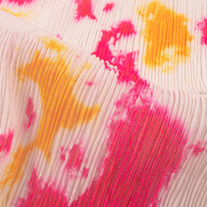 Oat Beige And Fuchsia Tye And Dye Pattern Digital Print Georgette Pleated Fabric