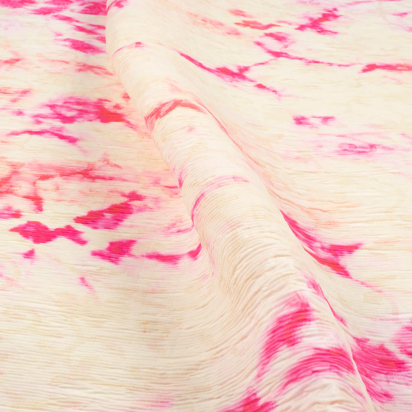 Deep Pink And Beige Tie & Dye Pattern Digital Print BSY Crepe Pleated Fabric