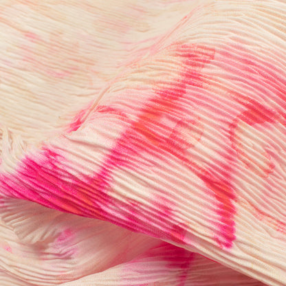 Deep Pink And Beige Tye And Dye Pattern Digital Print BSY Crepe Pleated Fabric