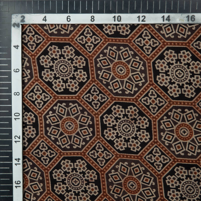 Black And Brown Traditional Pattern Ajrakh Screen Print Viscose Modal Satin Fabric