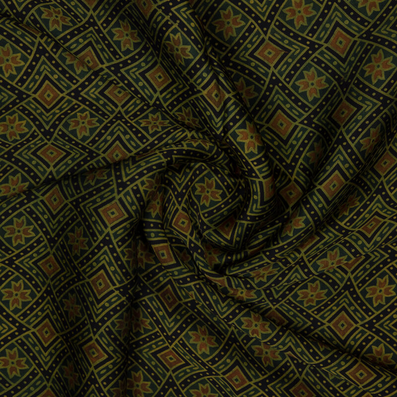 Bottle Green Geometric Pattern Ajrakh Handblock Viscose Modal Satin Fabric - Fabcurate