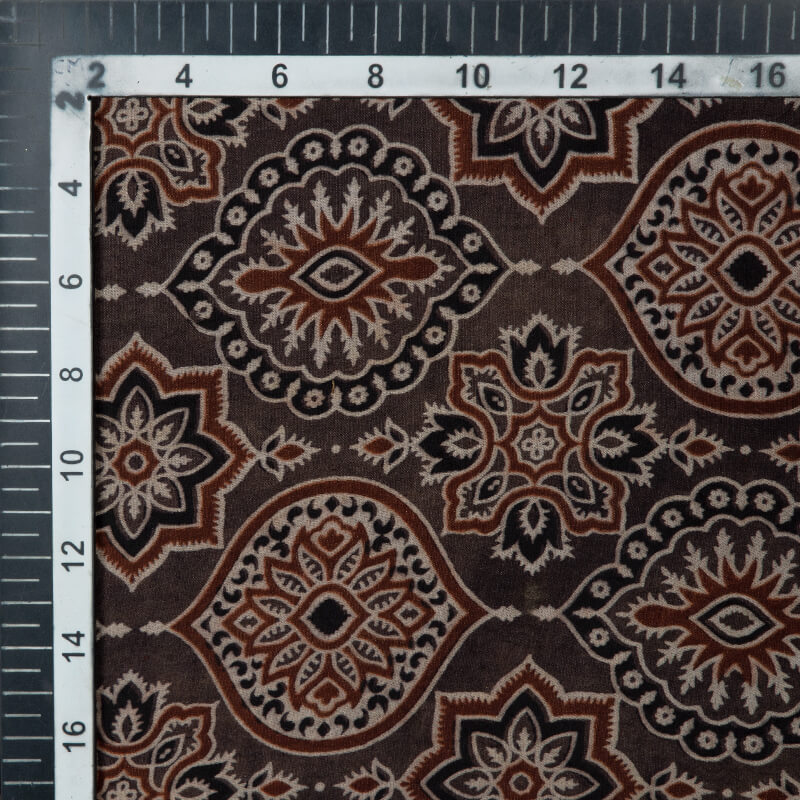 Dark Brown Traditional Pattern Ajrakh Screen Print Viscose Modal Satin Fabric
