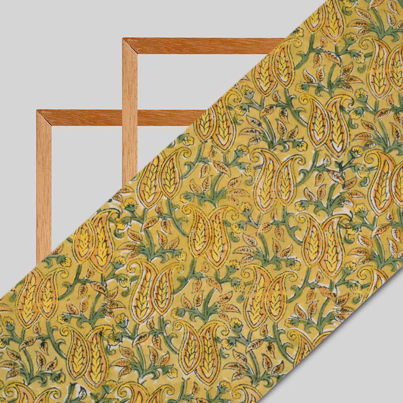 Yellow And Green Paisley Pattern Rapid Handblock Viscose Modal Rayon Fabric - Fabcurate