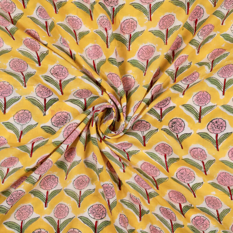 Yellow And Pink Floral Pattern Rapid Handblock Viscose Modal Rayon Fabric - Fabcurate