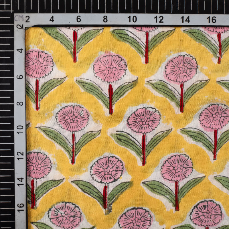 Yellow And Pink Floral Pattern Rapid Handblock Viscose Modal Rayon Fabric - Fabcurate