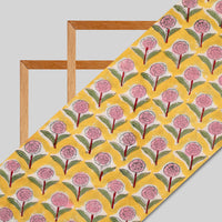 Yellow And Pink Floral Pattern Rapid Handblock Viscose Modal Rayon Fabric - Fabcurate