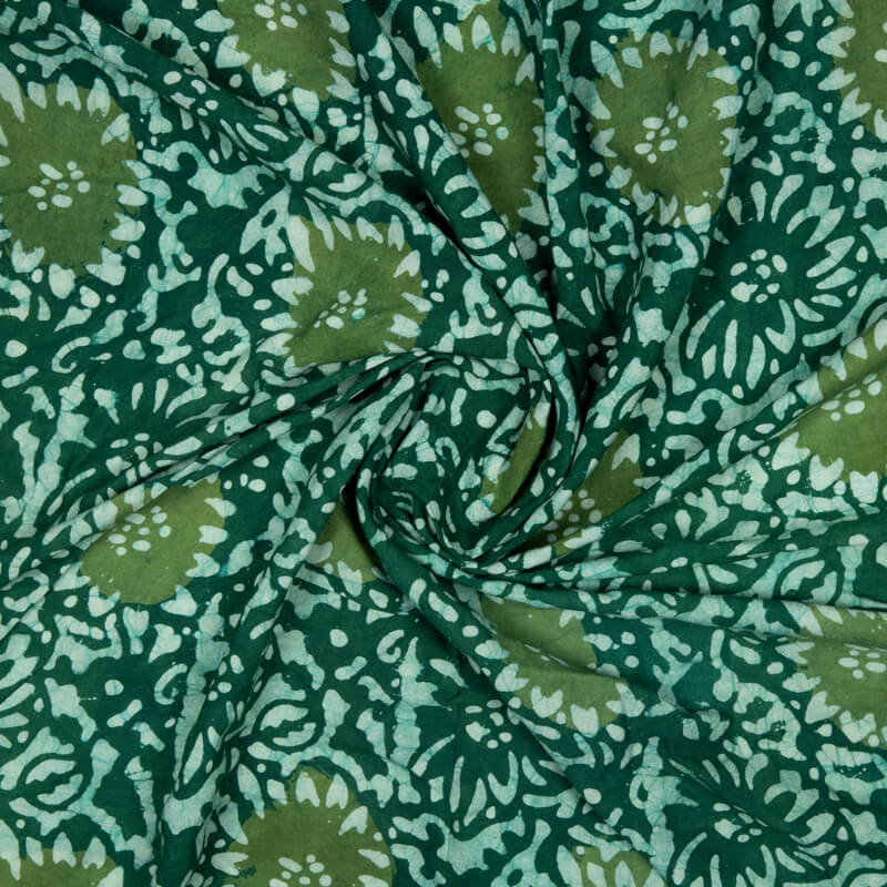 Bottle Green Floral Pattern Kutch Wax Batik Handblock Rayon Fabric - Fabcurate