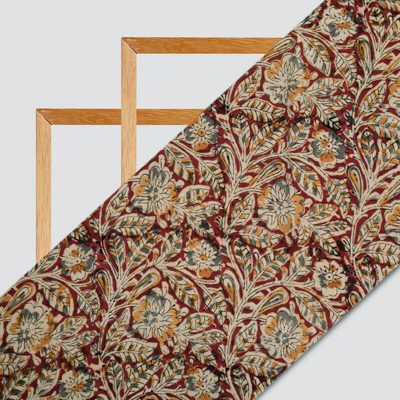 Maroon And Beige Kalamkari Handblock Cotton Silk Fabric - Fabcurate