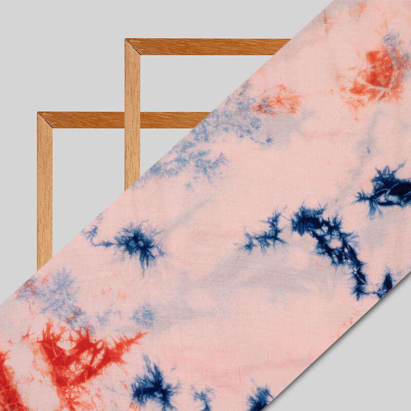 Premium Orange And Blue Hand Tie & Dye Handblock Cotton Silk Fabric - Fabcurate