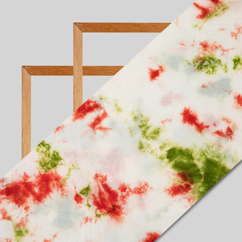 Premium White And Red Hand Tie & Dye Cotton Silk Fabric - Fabcurate