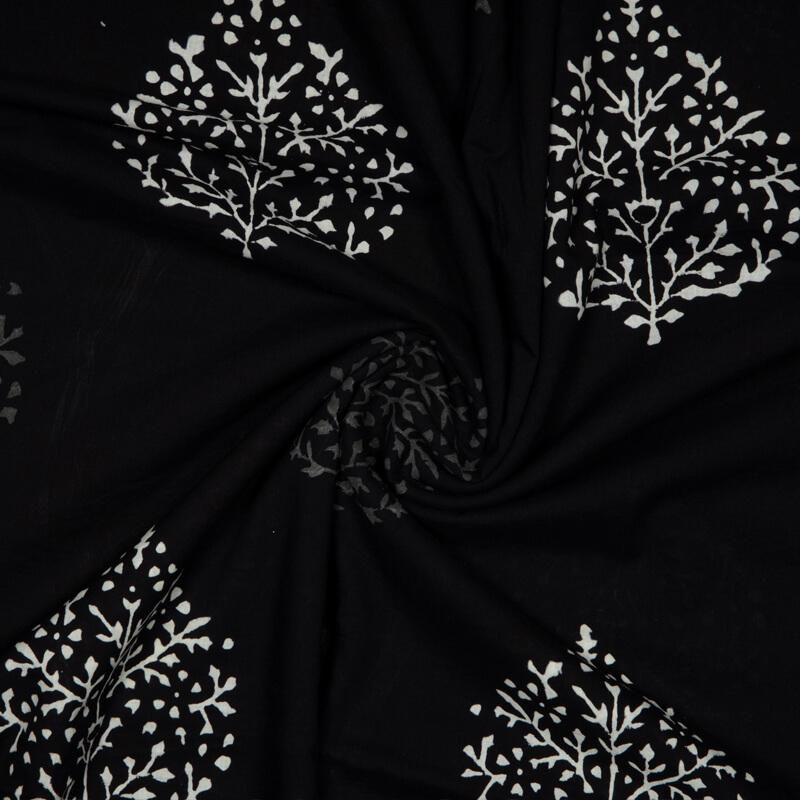 Black Monochrome Ethnic Pattern Handblock Cotton Fabric