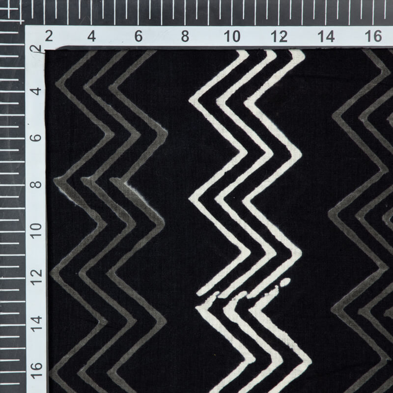 Black Monochrome Chevron Pattern Handblock Cotton Fabric - Fabcurate