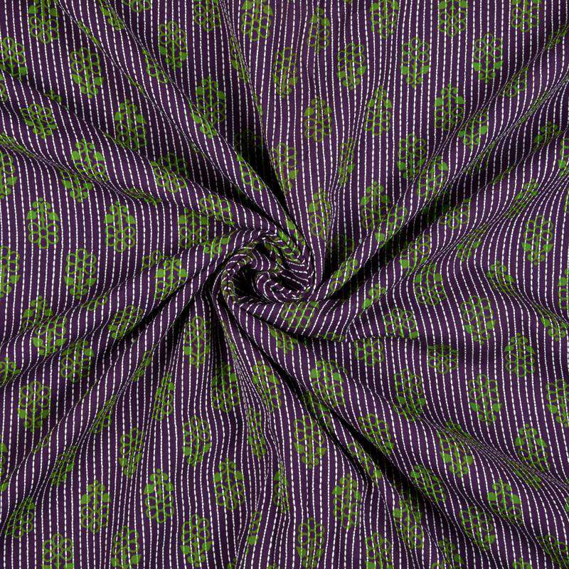 Purple And Green Floral Booti Pattern Screen Print Natural Dye Cotton Kantha Fabric - Fabcurate