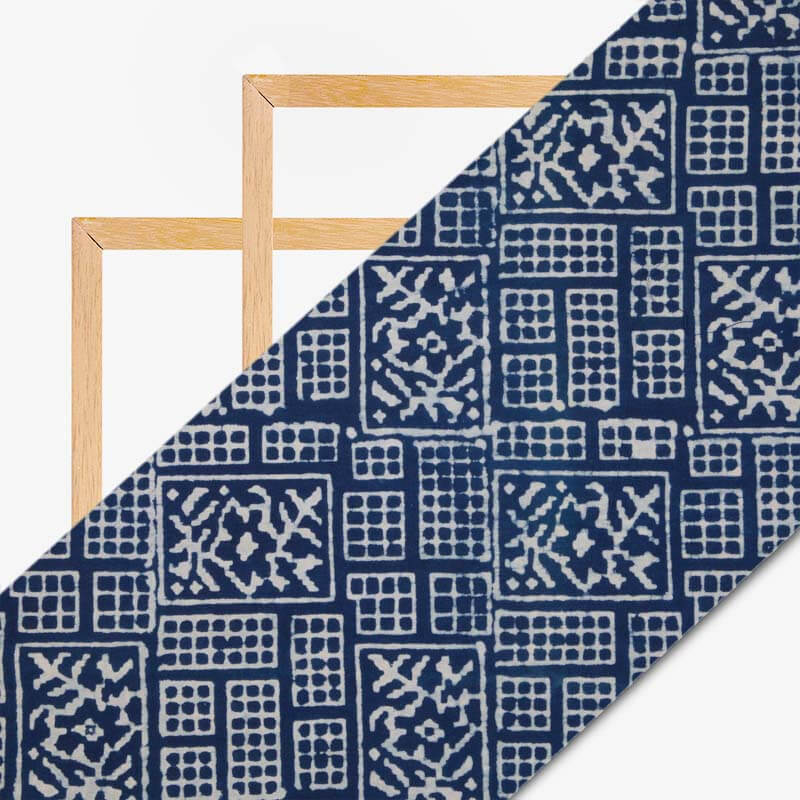 Indigo Geometric Pattern Handblock Cotton Fabric - Fabcurate