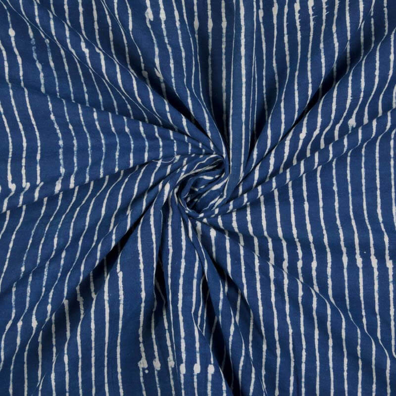 Indigo Stripes Pattern Handblock Cotton Fabric - Fabcurate