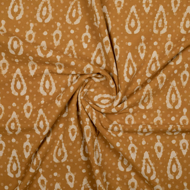 Mustard And Cream  Leaf Pattern Kashish Handblock Cotton Fabric - Fabcurate
