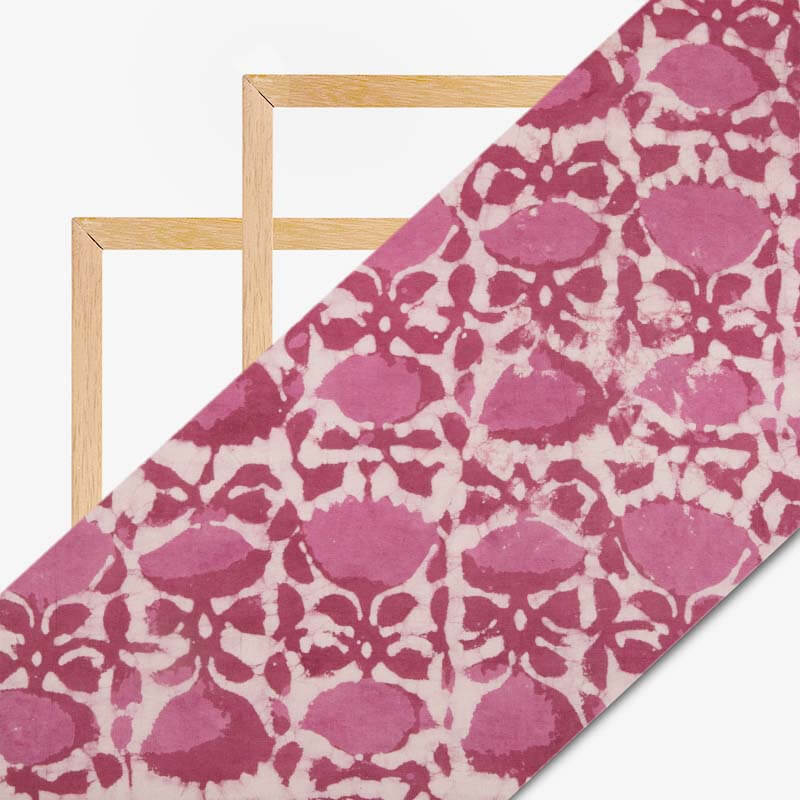 Greyish Pink and White Abstract Pattern Wax Batik Handblock Cotton Fabric - Fabcurate