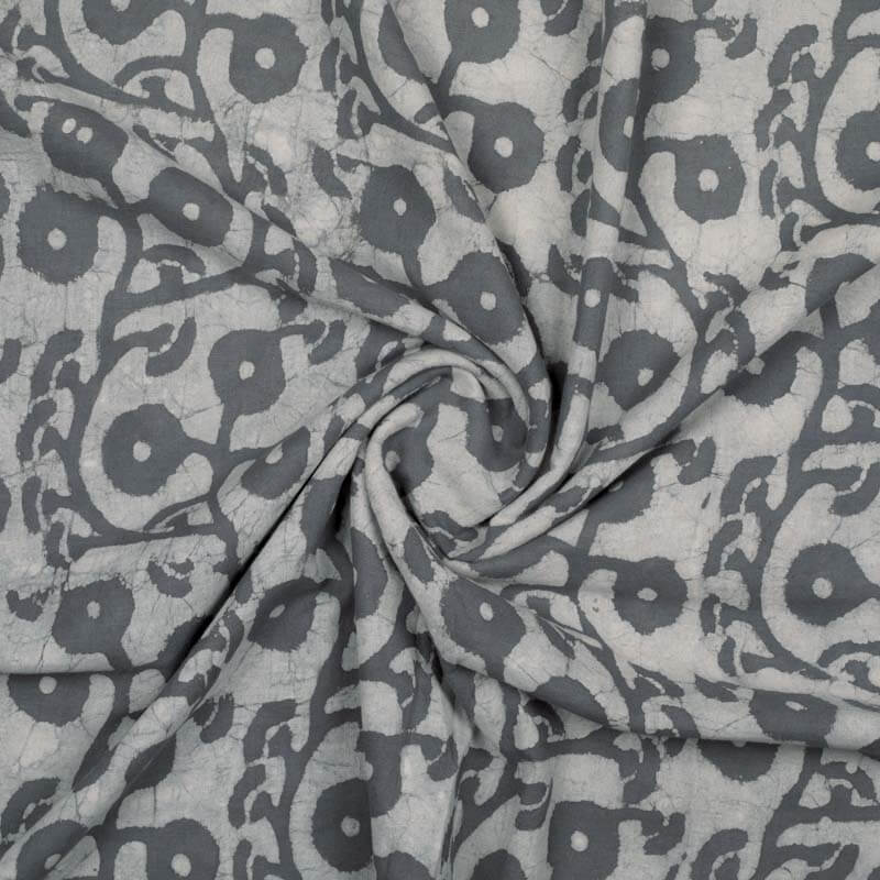 Grey And White Floral Pattern Wax Batik Handblock Cotton Fabric - Fabcurate
