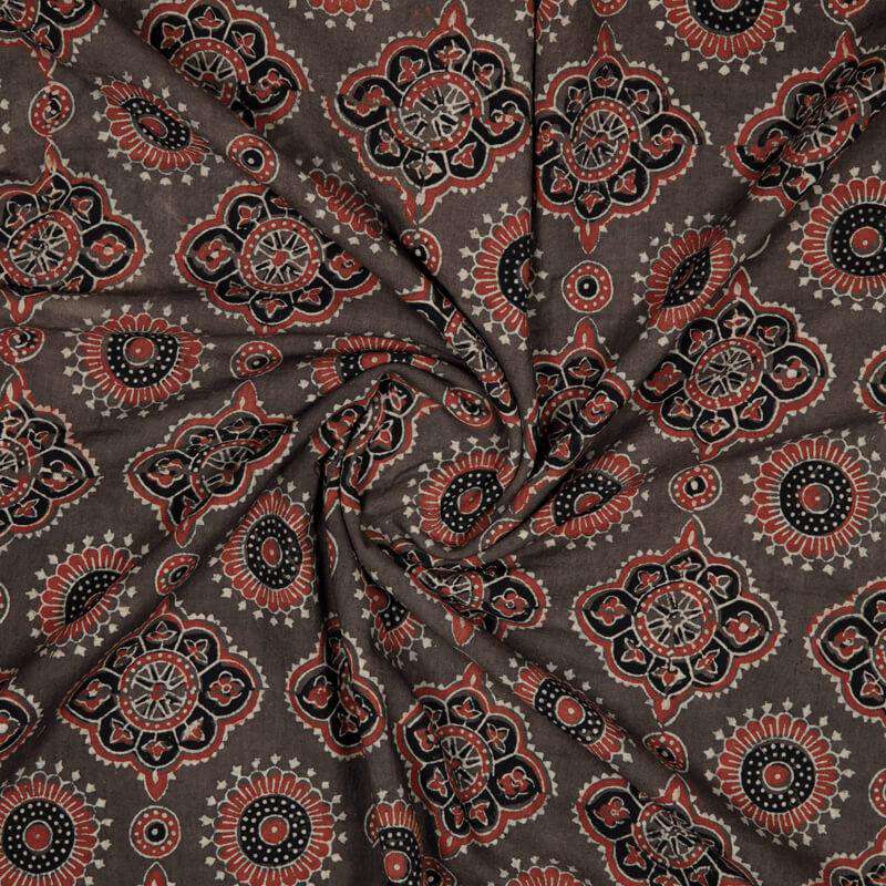 Brown Traditional Pattern Ajrakh Handblock Natural Dye Cotton Fabric - Fabcurate