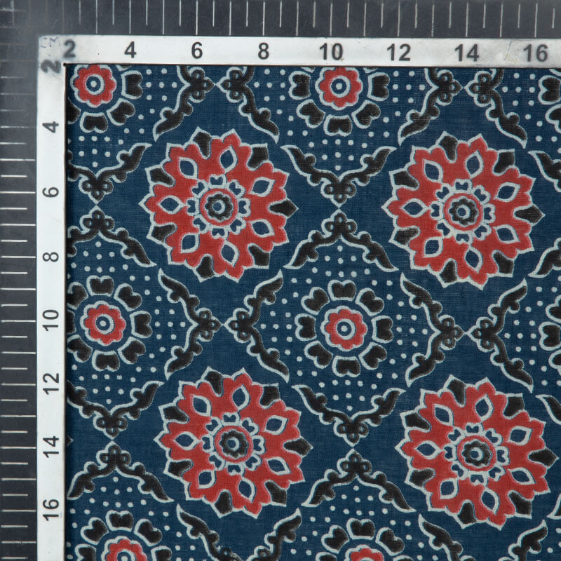 Prussian Blue And Red Traditional Pattern Ajrakh Screen Print Natural Dye Cotton Fabric