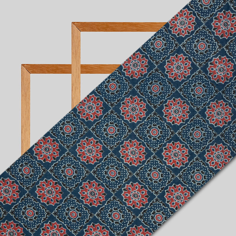 Prussian Blue And Red Traditional Pattern Ajrakh Screen Print Natural Dye Cotton Fabric