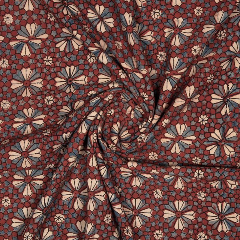 Maroon Geometric Pattern Ajrakh Handblock Natural Dye Cotton Fabric