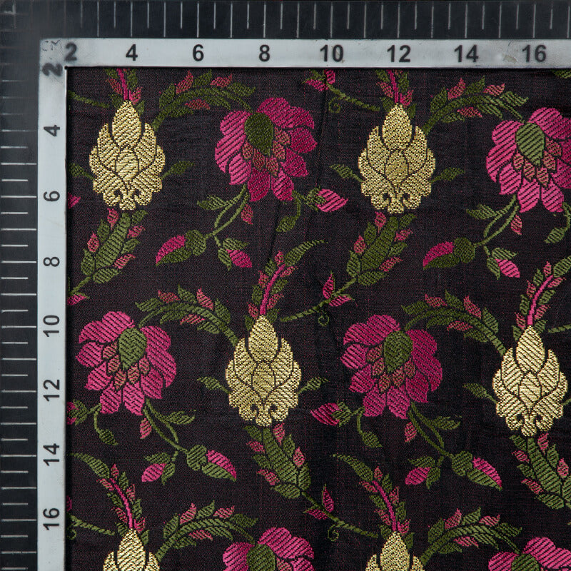 Black Banarasi Floral Pattern Katan Zari Silk Fabric - Fabcurate