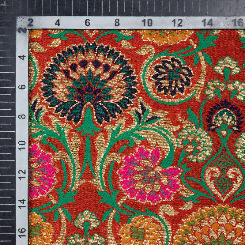 Red Banarasi Floral Pattern Katan Zari Silk Fabric