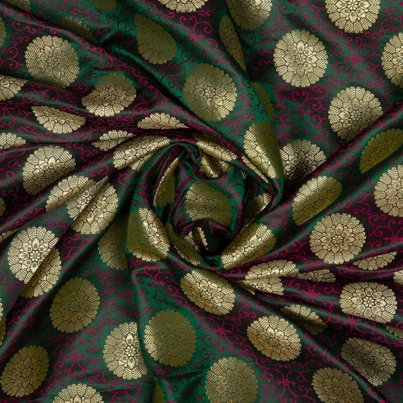 Bottle Green Banarasi Floral Pattern Zari Jacquard Taffeta Silk Fabric
