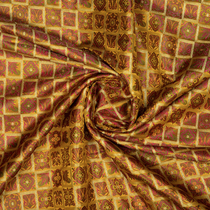 Yellow Ochre Banarasi Traditional Pattern Satin Zari jacquard Taffeta Silk Fabric
