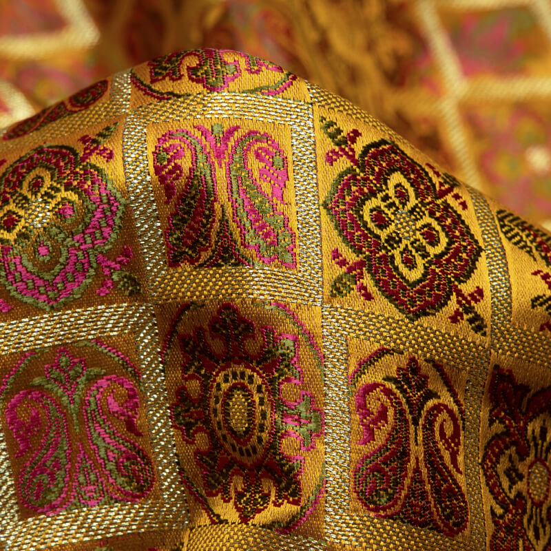 Yellow Ochre Banarasi Traditional Pattern Satin Zari jacquard Taffeta Silk Fabric