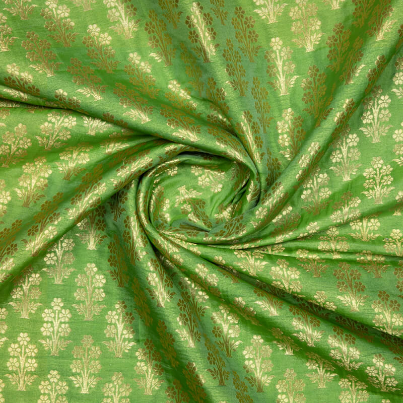 Dark Green Banarasi Mughal Floral Pattern Katan Zari Silk Fabric
