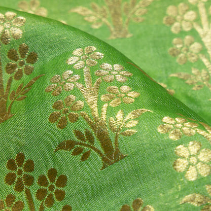 Dark Green Banarasi Mugal Floral Pattern Katan Zari Silk Fabric
