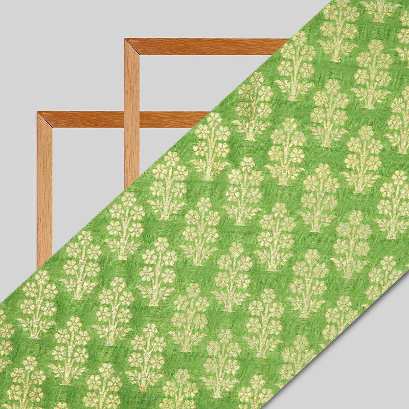 Dark Green Banarasi Mughal Floral Pattern Katan Zari Silk Fabric