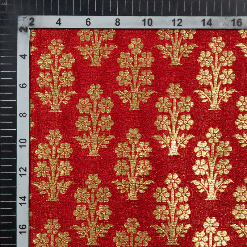 Red Mughal Pattern Zari Jacquard Banarasi Katan Silk Fabric