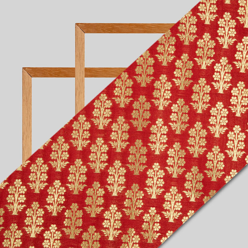 Red Mughal Pattern Zari Jacquard Banarasi Katan Silk Fabric