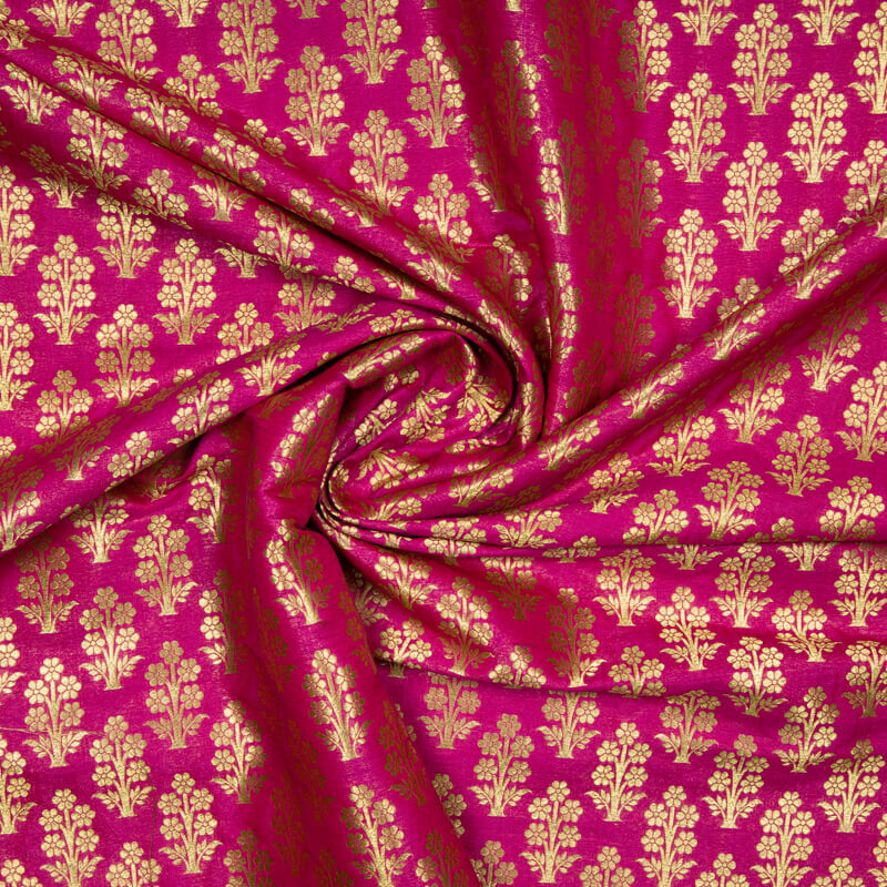 Magenta Banarasi Mughal Floral Pattern Katan Zari Silk Fabric