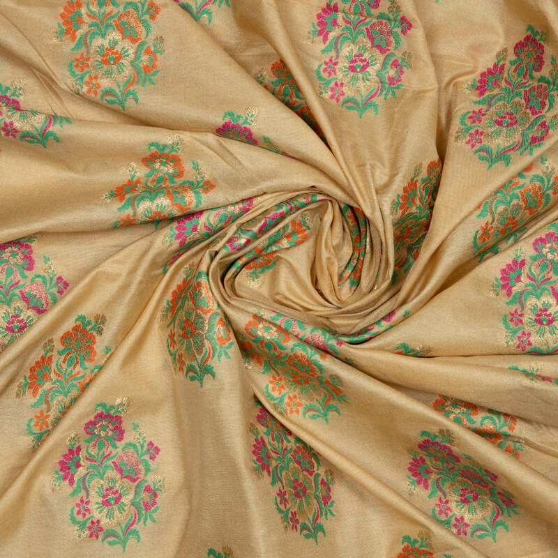 Beige Banarasi Floral Pattern Taffeta Zari Silk Fabric