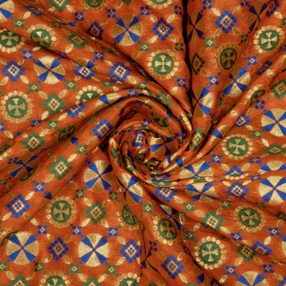 Fire Orange Banarasi Geometric Pattern Katan Zari Silk Fabric