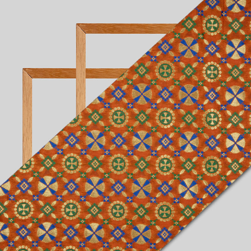 Fire Orange Banarasi Geometric Pattern Katan Zari Silk Fabric