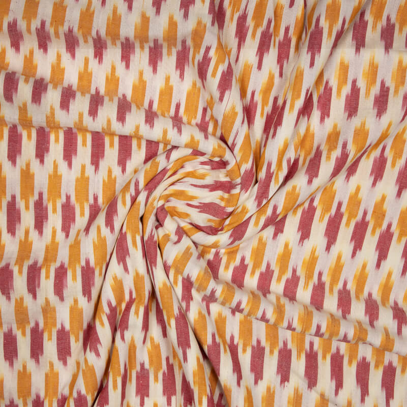 White And Maroon Abstract Pattern Woven Pre-Washed Cotton Ikat Fabric